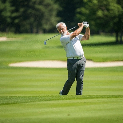 Senior golfer mid-swing on a green course