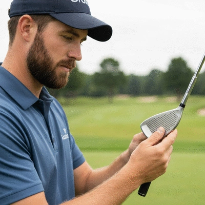 Close-up of a golfer inspecting their golf club for authenticity marks, with a blurred golf course in the background. No text, no words, no typography, no labels, clean image.