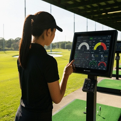 Golfer using a launch monitor to track swing data on a driving range