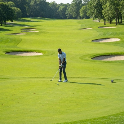 Golfer focused on the ball, demonstrating mental toughness and focus on the course