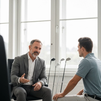 Professional golf sports psychologist in a consultation session with a golfer, discussing mental strategies, with golf clubs in the background, clean image