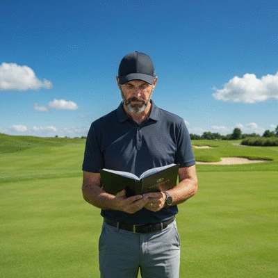Golfer carefully reading a yardage book on a golf course