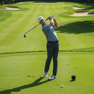 Professional golfer mid-swing on a golf course, demonstrating proper form and focus.