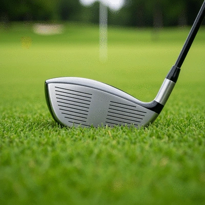 Close-up of a golf club head resting on green grass, ready for a shot, with a blurred background of a golf course