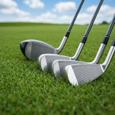 Set of modern golf clubs resting on lush green grass on a golf course.