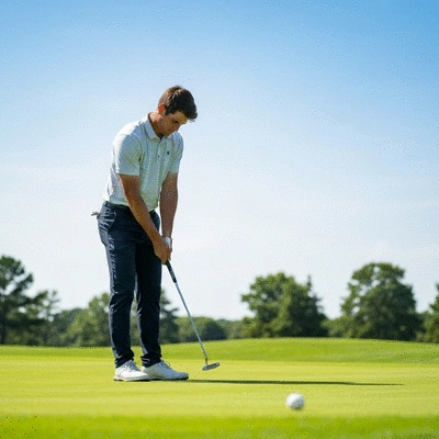 Golfer intensely focusing on a putt, showing mental clarity and concentration on a green golf course, no text, no words, no typography, clean image