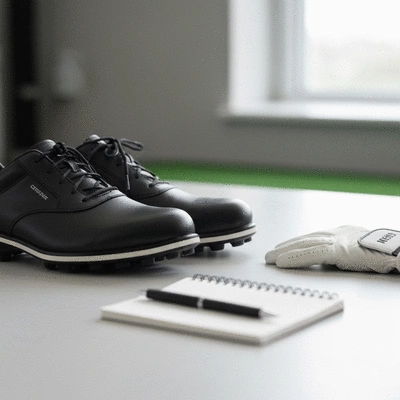 Golfer preparing for a custom fitting session, with golf shoes, gloves, and a notepad on a clean surface, no text, no words, no typography, clean image