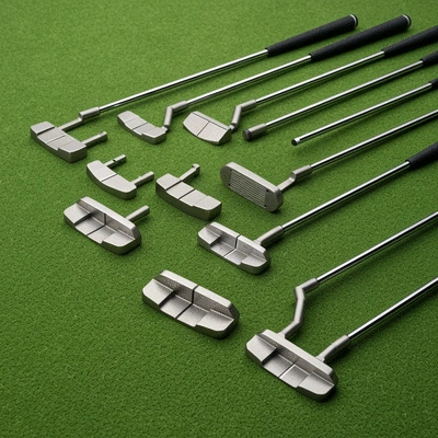 Variety of putter types on a golf course green