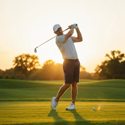 Golfer swinging a modern golf club on a green course at sunset, showing power and precision