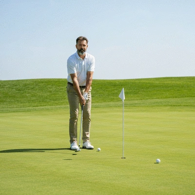 Golfer visualizing a successful shot on the green, with a clear and focused expression