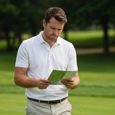 Golfer on a course looking at a scorecard or map, planning their next shot, focused expression, good lighting, no text, no words, no typography, 8K