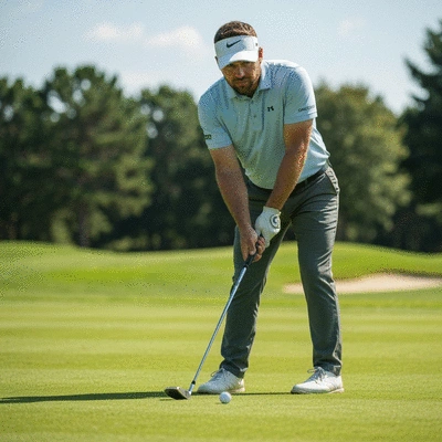Golfer focusing intently on the ball, demonstrating mental clarity
