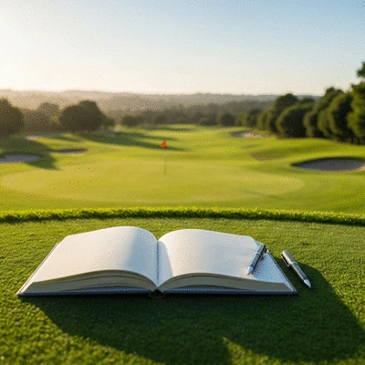 Journal and pen on a golf course background, representing journaling for mental training progress, no text, no words, no typography, clean image
