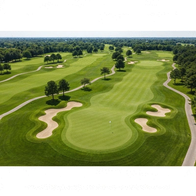 Aerial view of a golf course with clearly defined fairways, greens, and hazards, sun shining, no text, no words, no typography, 8K