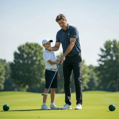 Golf coach explaining a swing technique to a student on a green with a golf club in hand