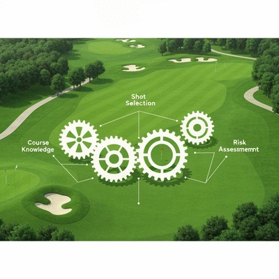 Illustration showing the strategic pillars of golf course management, including course knowledge, shot selection, risk assessment, and mental game, set against a golf course background, no text, no words, no typography, clean image.