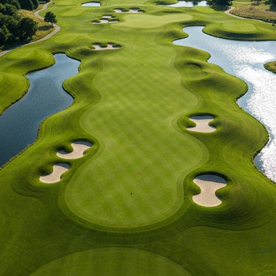 Overhead view of a golf course hole with strategic markings, no text, no words, no typography, clean image
