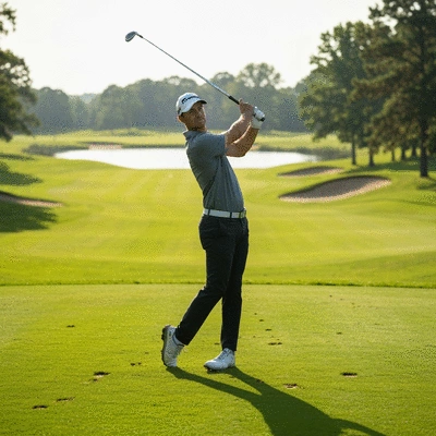 Professional golfer swinging a golf club on a green course