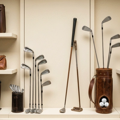 A clean, well-lit display of various authentic golf equipment, including clubs, balls, and accessories, arranged neatly in a pro shop or retail setting. No text, no words, no typography, no labels, clean image.
