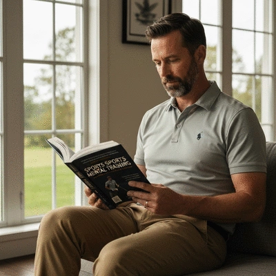 Golfer reading a book on sports psychology, symbolizing continued learning and improvement
