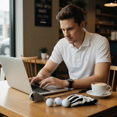 Golfer researching affordable golf gear on a laptop, with golf accessories nearby