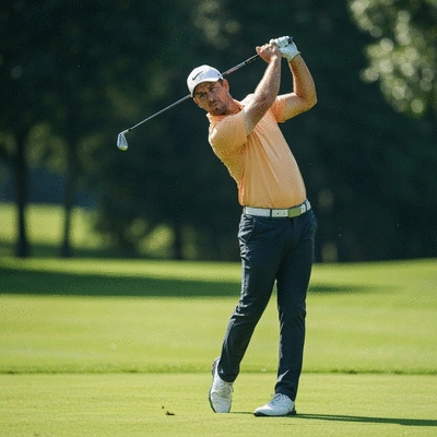 Golfer preparing to swing on a green, showing focus and technique