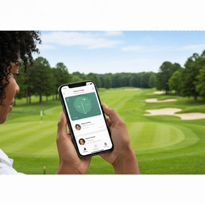 Person using a golf mental training app on a smartphone, with a golf course background, no text, no words, no typography, clean image