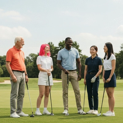 Diverse group of golfers interacting and smiling on a sunny golf course, symbolizing community and connection