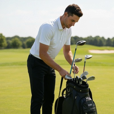 Professional golfer choosing a golf club from a golf bag on a sunny course