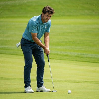 Golfer thoughtfully lining up a putt on a green, showing focus and concentration