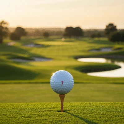 Golf ball on a tee with a blurred background of a golf course