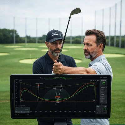 Golf pro analyzing a golf swing using advanced technology on a driving range
