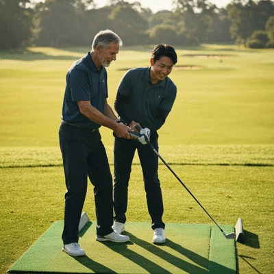 Golfer practicing swing with a golf swing trainer on a driving range
