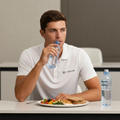 Professional golfer eating a balanced meal with healthy food and a water bottle, focus on nutrition and recovery, clean modern setting, no text, no words, no typography, 8K