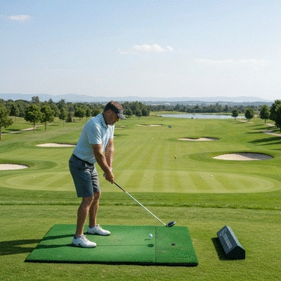 Golfer practicing on driving range, focusing on targets, implementing course management tactics