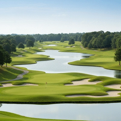 Golf course with varied topography and water features