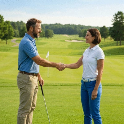 Golfer and coach shaking hands on a golf course