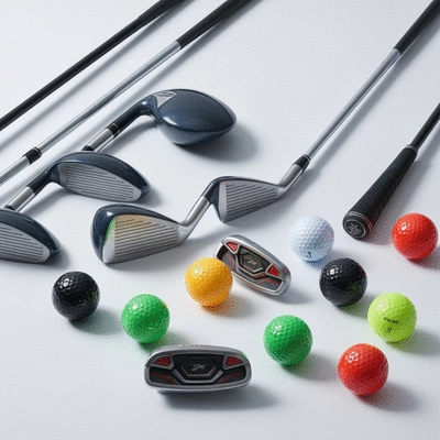 Close-up of various golf clubs and balls neatly arranged