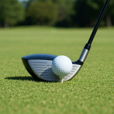 Close-up of a golf club head with a golf ball on a tee, ready for a swing