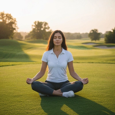 Person meditating in a serene golf course setting, representing mindfulness