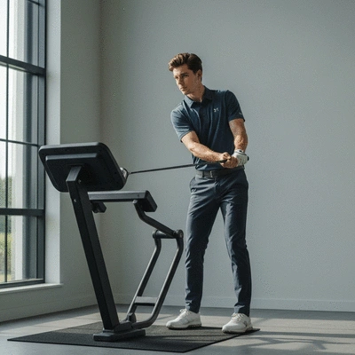Golfer using a golf swing trainer indoors, focusing on technique