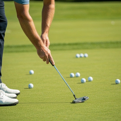 Golfer testing a putter on a practice green with golf balls