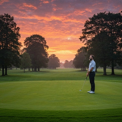 Golfer practicing mindfulness or meditation on a peaceful golf course at sunrise