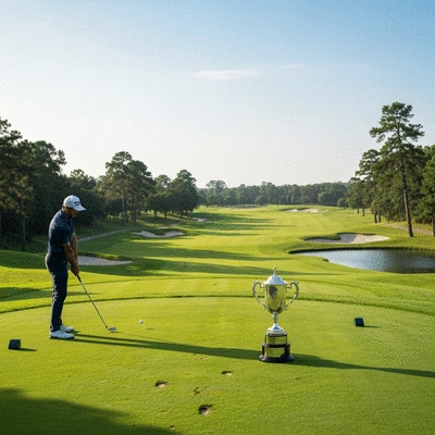 Golfer with focused expression, preparing for a shot, symbolizing mental strength