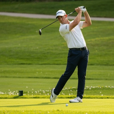 Professional golfer demonstrating perfect swing mechanics on a course