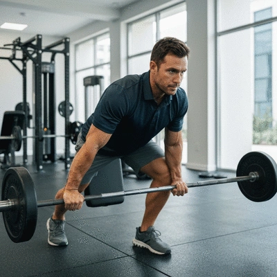 Professional golfer engaged in physical training, lifting weights in a gym, focus on strength and flexibility, no text, no words, no typography, 8K